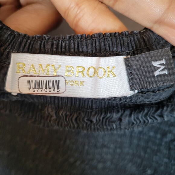 Ramy Brook Womens Yolanda Smocked Peplum Top Size Medium Black Flutter Sleeve - Picture 3 of 8